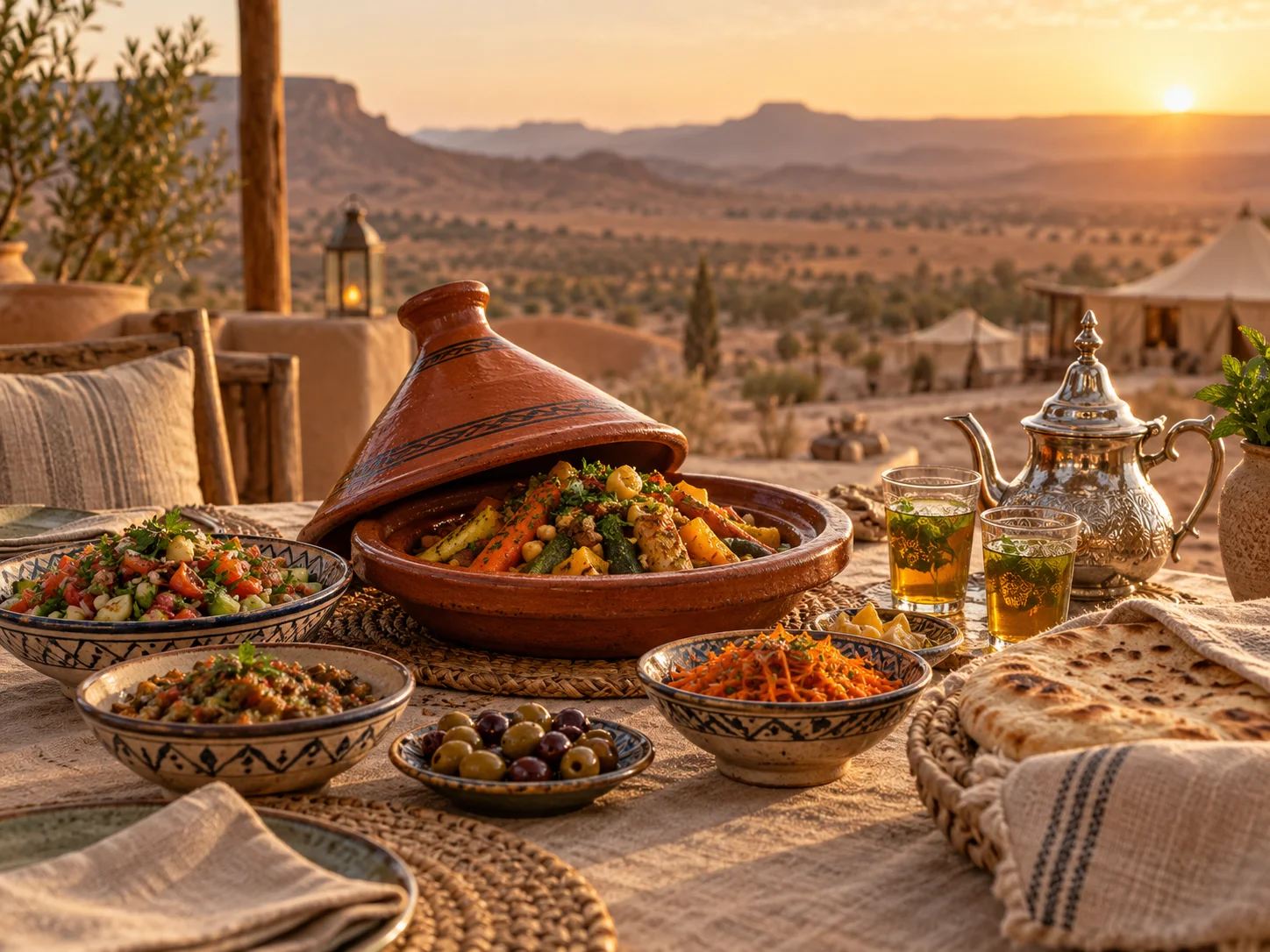 Illustrative Moroccan meal with tagine, salads and mint tea